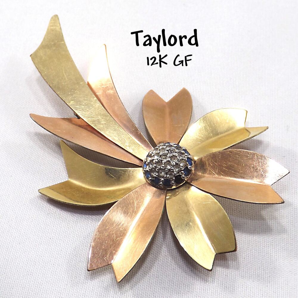 Vintage Taylord 12K Gold Filled Floral Brooch Blue Rhinestones
